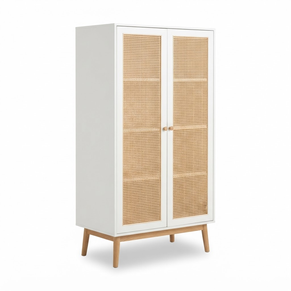 Coastal Rattan-Door Wardrobe in White / Natural Rattan