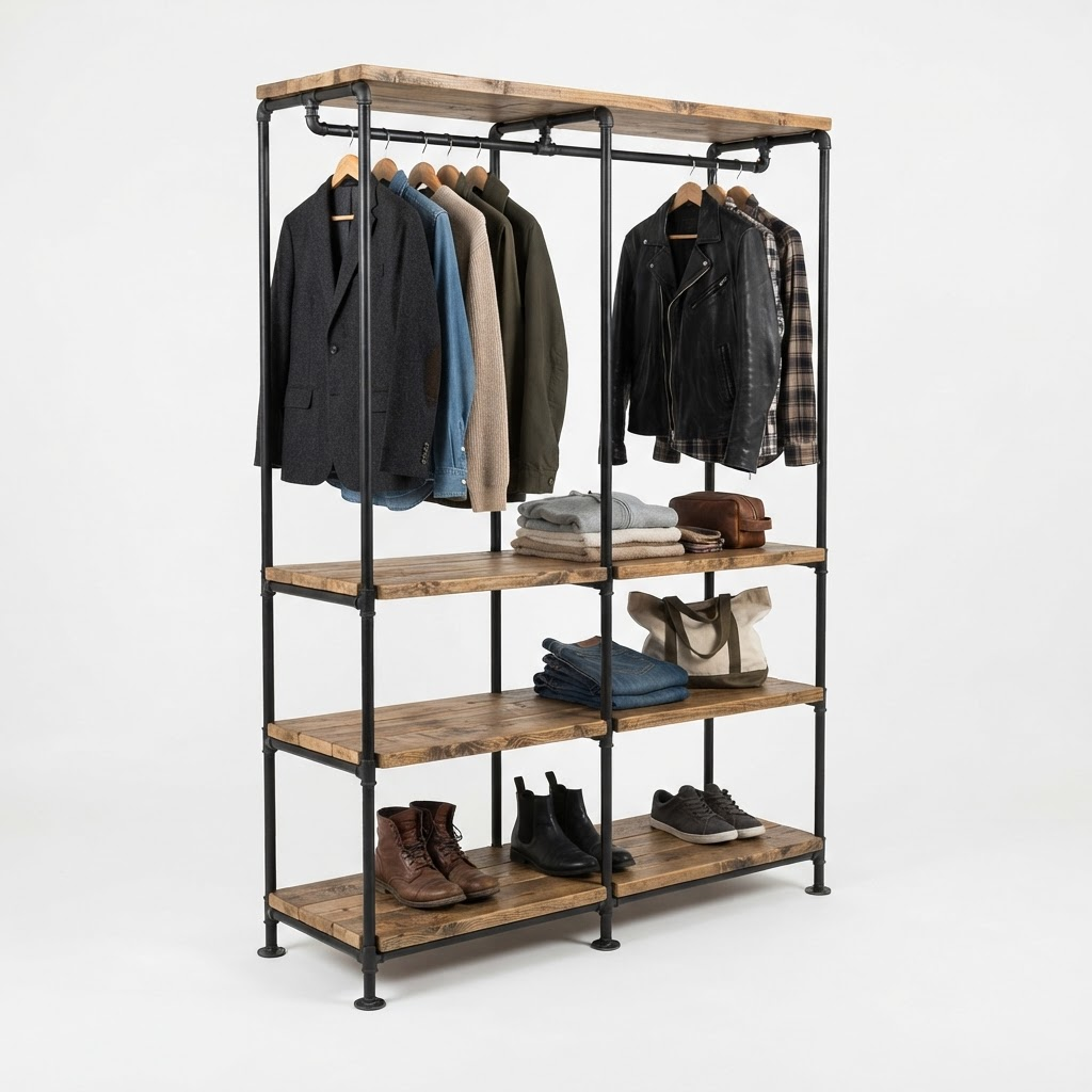Loft Industrial Open Wardrobe in Black Steel / Reclaimed Pine